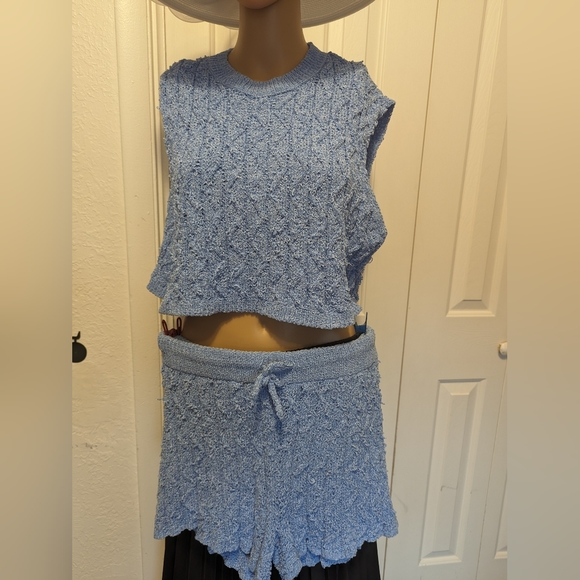 FREE PEOPLE women's cable knit sweater set blue size L. - Picture 2 of 12